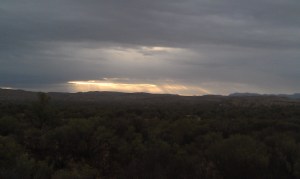 Rain falling over the distant ranges